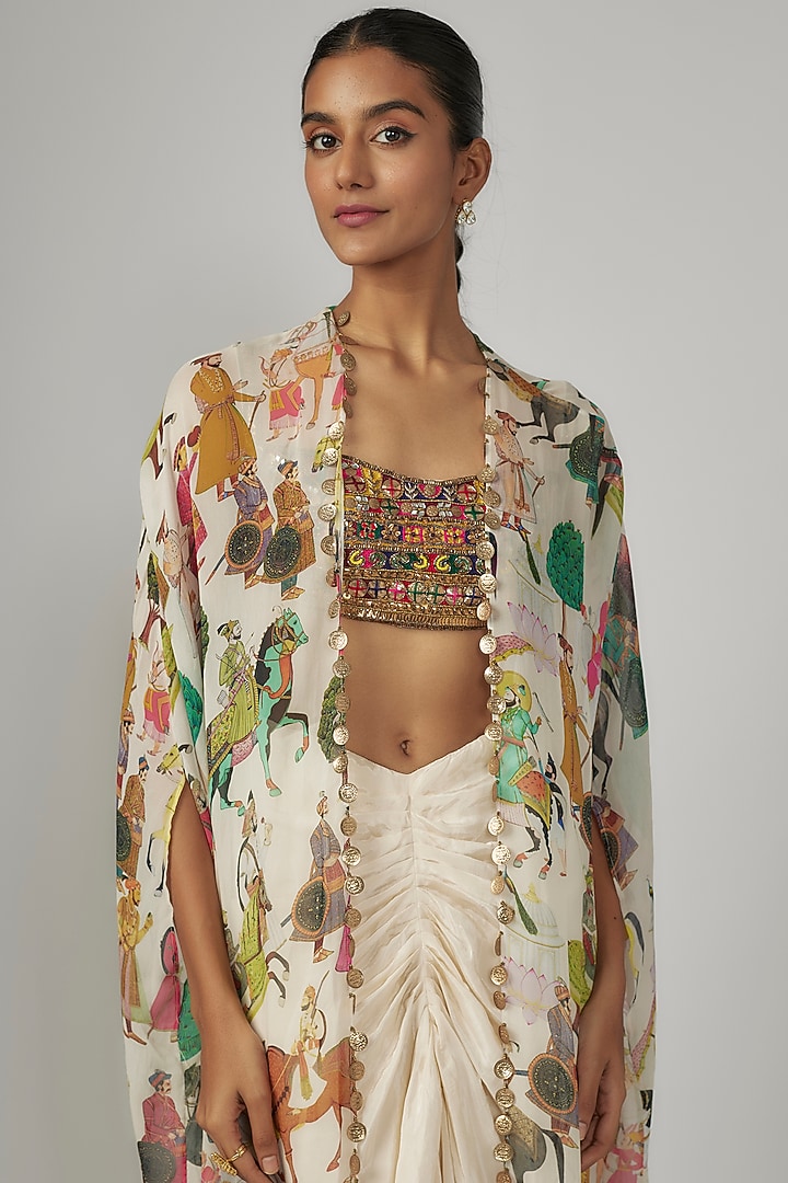Ivory Crepe & Georgette Printed Cape Set by Rajat tangri  at Pernia's Pop Up Shop