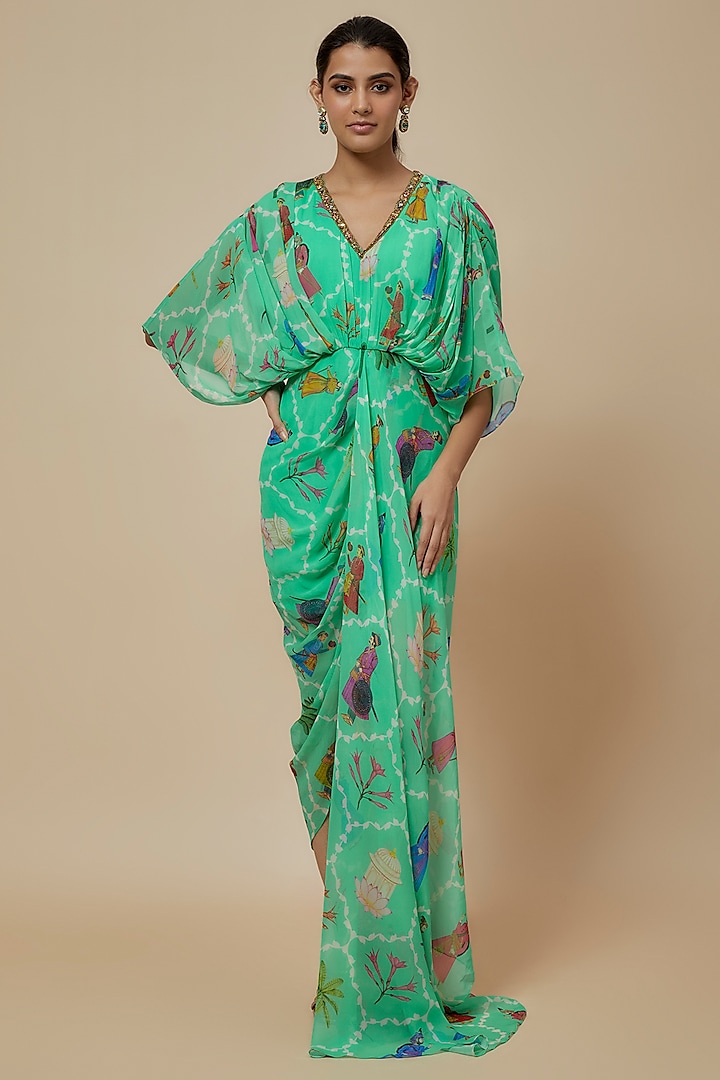 Aqua Georgette Hand Embroidered Maxi Dress by Rajat tangri at Pernia's Pop Up Shop