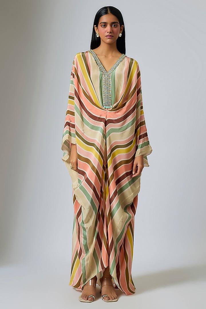 Multi-Colored Crepe Chevron Stripe Printed Kaftan by Rajat Tangri at Pernia's Pop Up Shop