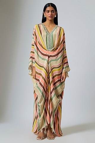 Multi-Colored Crepe Chevron Stripe Printed Kaftan by Rajat Tangri
