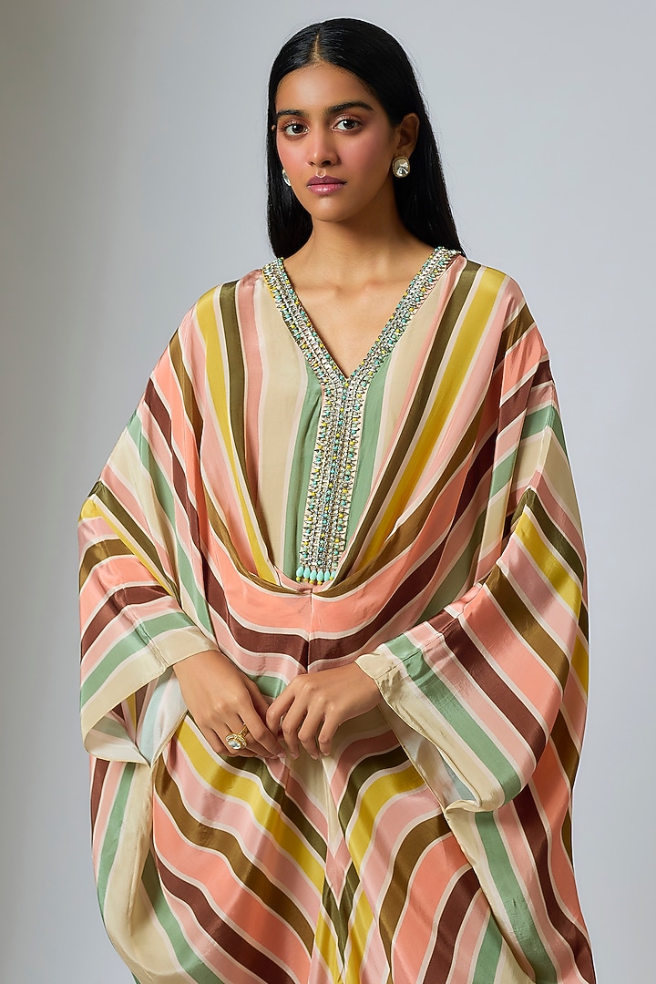 Multi-Colored Crepe Chevron Stripe Printed Kaftan by Rajat Tangri at Pernia's Pop Up Shop