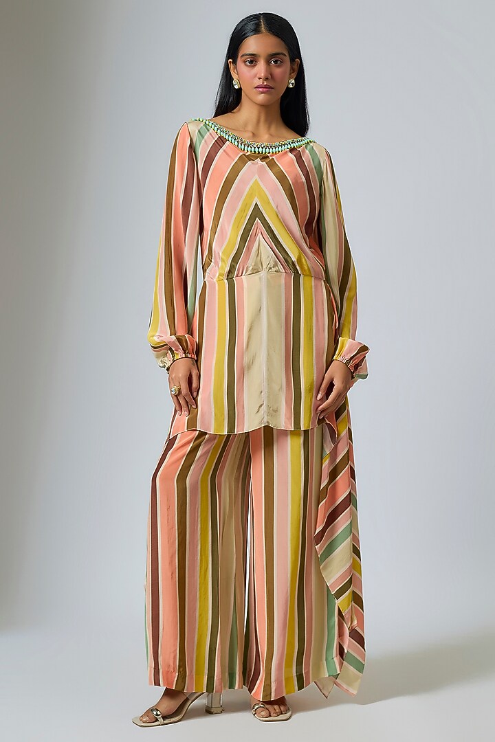Multi-Colored Crepe Chevron Stripe Printed Co-Ord Set by Rajat Tangri at Pernia's Pop Up Shop