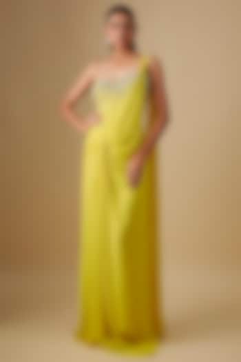 Citrine Georgette & Crepe Hand Embroidered Wedding Gown Saree by Rajat Tangri at Pernia's Pop Up Shop