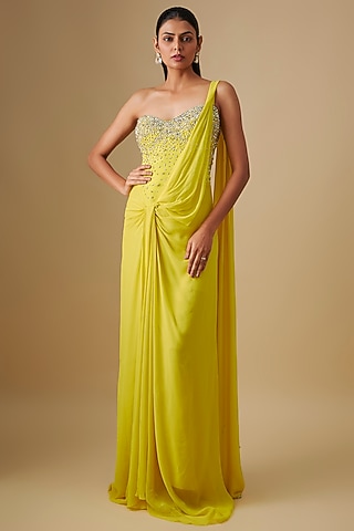Citrine Georgette & Crepe Hand Embroidered Gown Saree by Rajat Tangri