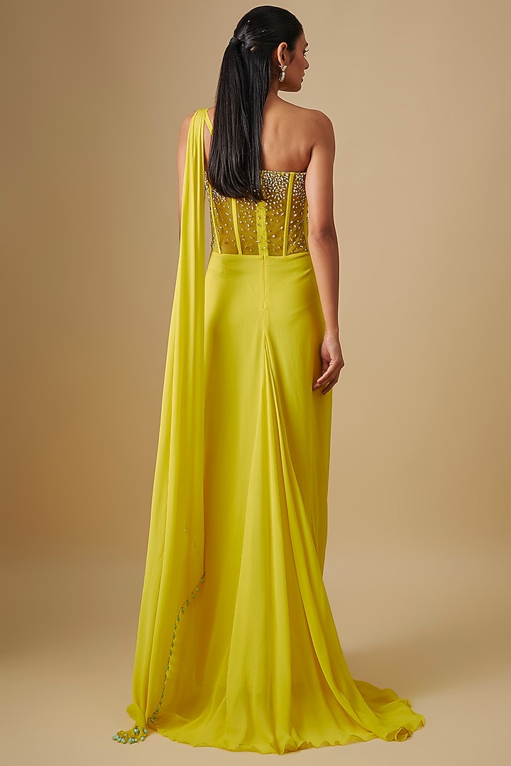 Citrine Georgette & Crepe Hand Embroidered Wedding Gown Saree by Rajat Tangri at Pernia's Pop Up Shop