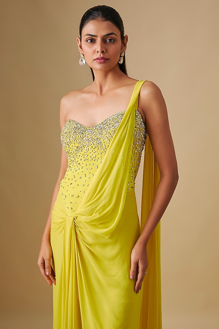 Citrine Georgette & Crepe Hand Embroidered Wedding Gown Saree by Rajat Tangri at Pernia's Pop Up Shop