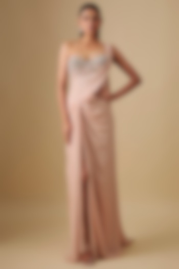 Beige Georgette & Crepe Hand Embroidered Wedding Gown Saree by Rajat Tangri at Pernia's Pop Up Shop