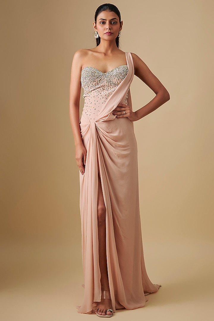 Beige Georgette & Crepe Hand Embroidered Wedding Gown Saree by Rajat Tangri at Pernia's Pop Up Shop