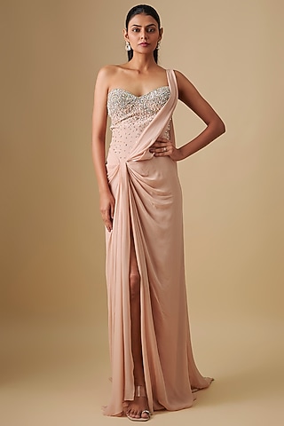Beige Georgette & Crepe Hand Embroidered Gown Saree by Rajat Tangri