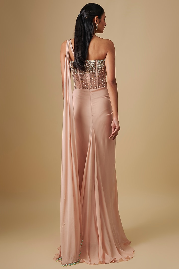 Beige Georgette & Crepe Hand Embroidered Wedding Gown Saree by Rajat Tangri at Pernia's Pop Up Shop