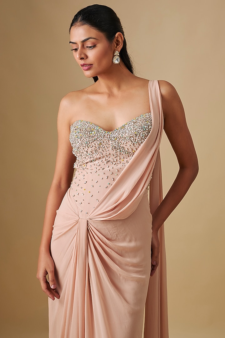 Beige Georgette & Crepe Hand Embroidered Wedding Gown Saree by Rajat Tangri at Pernia's Pop Up Shop