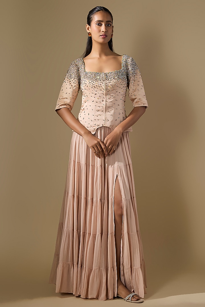 Beige Linen Satin & Georgette Embroidered Wedding Lehenga Set by Rajat tangri at Pernia's Pop Up Shop