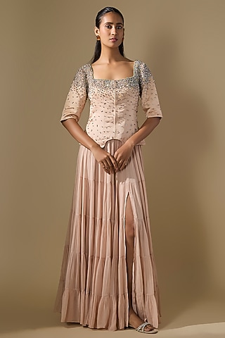 Beige Linen Satin & Georgette Embroidered Lehenga Set by Rajat tangri