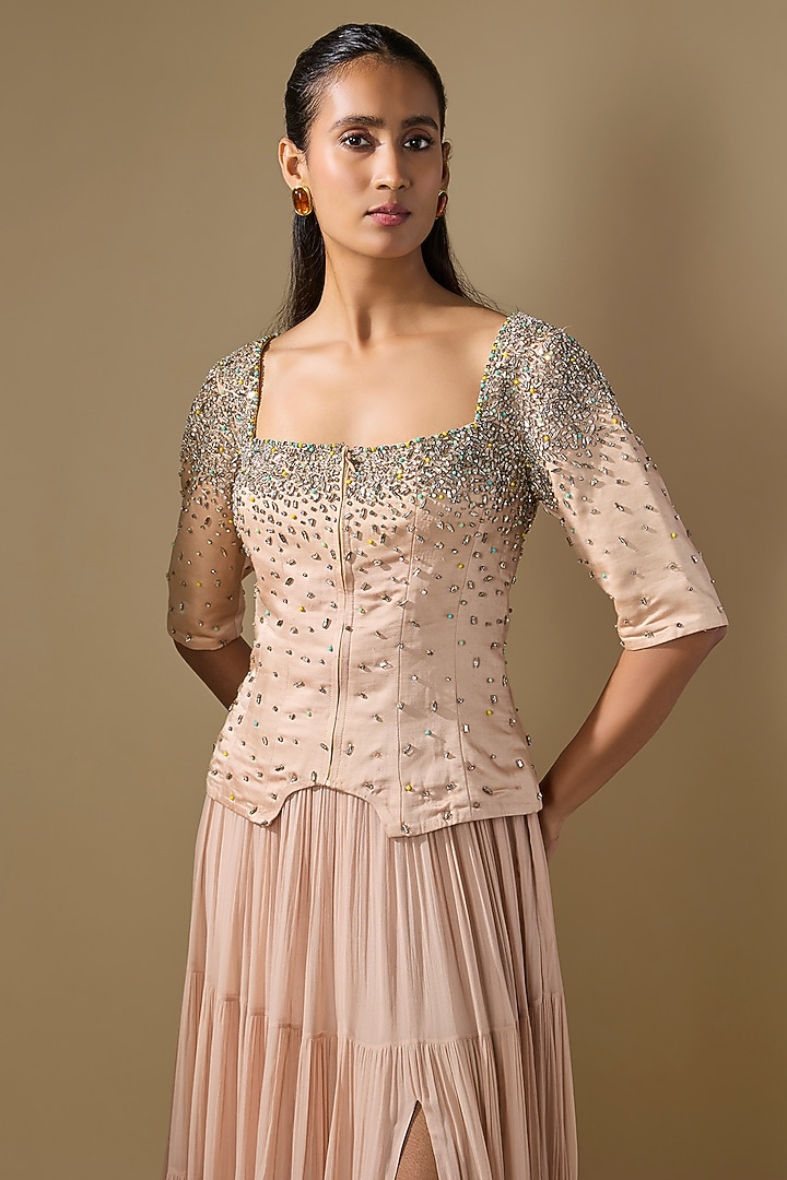 Beige Linen Satin & Georgette Embroidered Wedding Lehenga Set by Rajat tangri at Pernia's Pop Up Shop