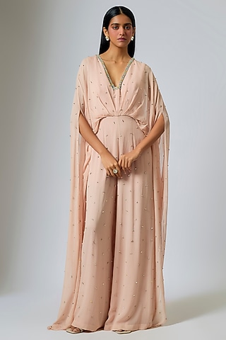 Beige Georgette Hand Embroidered Jumpsuit by Rajat Tangri