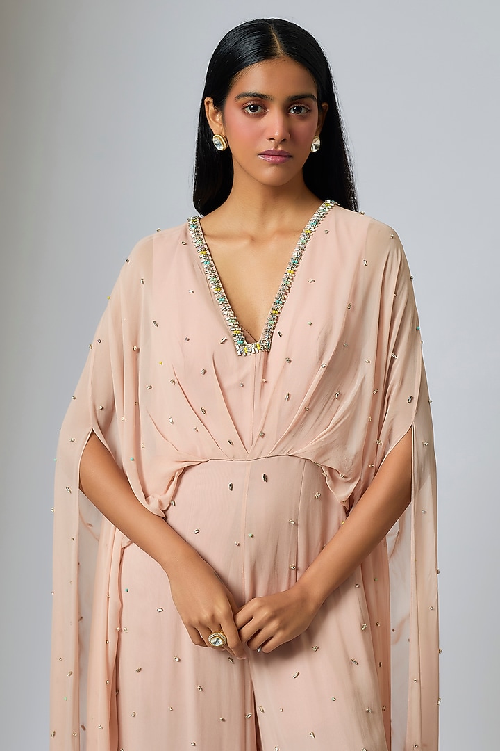 Beige Georgette Hand Embroidered Jumpsuit by Rajat Tangri at Pernia's Pop Up Shop