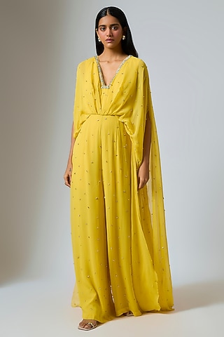 Citrine Georgette Hand Embroidered Jumpsuit by Rajat Tangri