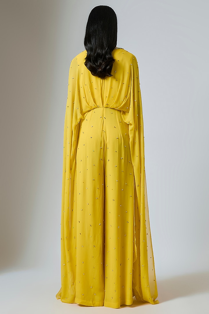 Citrine Georgette Hand Embroidered Jumpsuit by Rajat Tangri at Pernia's Pop Up Shop