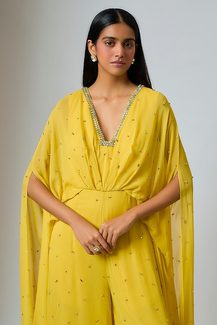 Citrine Georgette Hand Embroidered Jumpsuit by Rajat Tangri at Pernia's Pop Up Shop
