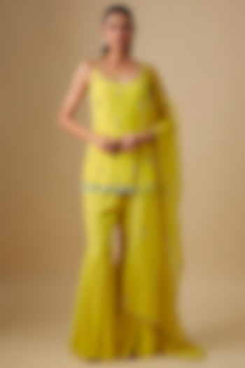 Citrine Georgette & Crepe Hand Embroidered Kurta Set  by Rajat Tangri at Pernia's Pop Up Shop