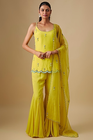 Citrine Georgette & Crepe Hand Embroidered Kurta Set  by Rajat Tangri