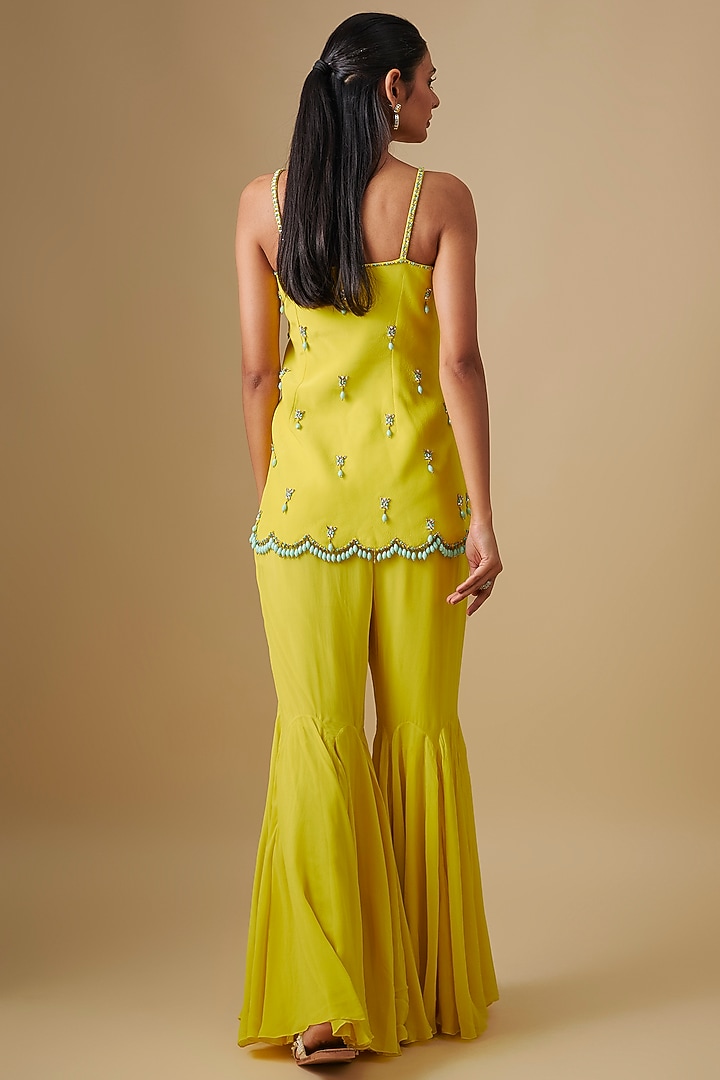 Citrine Georgette & Crepe Hand Embroidered Kurta Set by Rajat Tangri at Pernia's Pop Up Shop