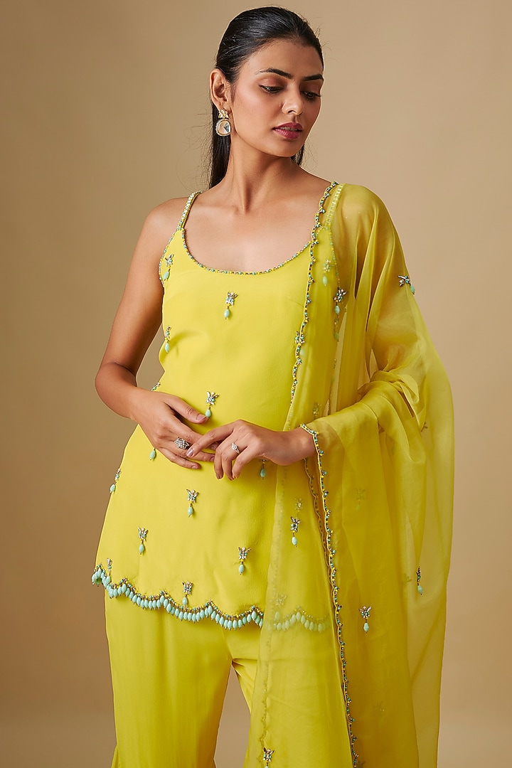 Citrine Georgette & Crepe Hand Embroidered Kurta Set by Rajat Tangri at Pernia's Pop Up Shop