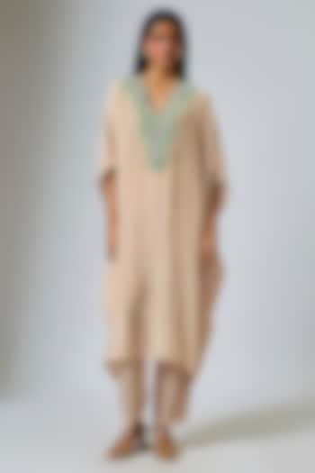 Beige Crepe Hand Embroidered Kaftan Set by Rajat Tangri at Pernia's Pop Up Shop
