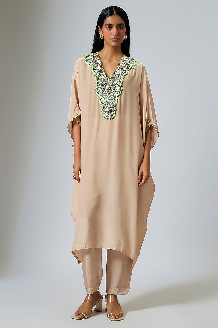 Beige Crepe Hand Embroidered Kaftan Set by Rajat Tangri at Pernia's Pop Up Shop