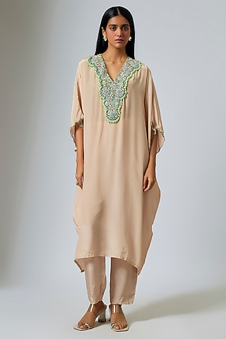 Beige Crepe Hand Embroidered Kaftan Set by Rajat Tangri