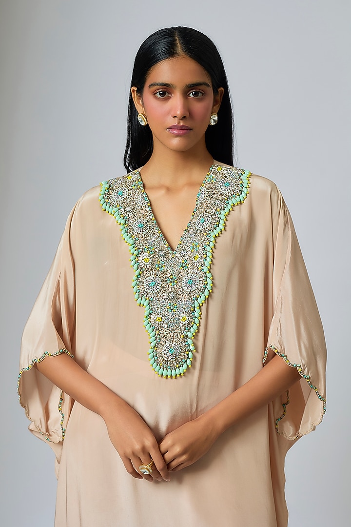 Beige Crepe Hand Embroidered Kaftan Set by Rajat Tangri at Pernia's Pop Up Shop