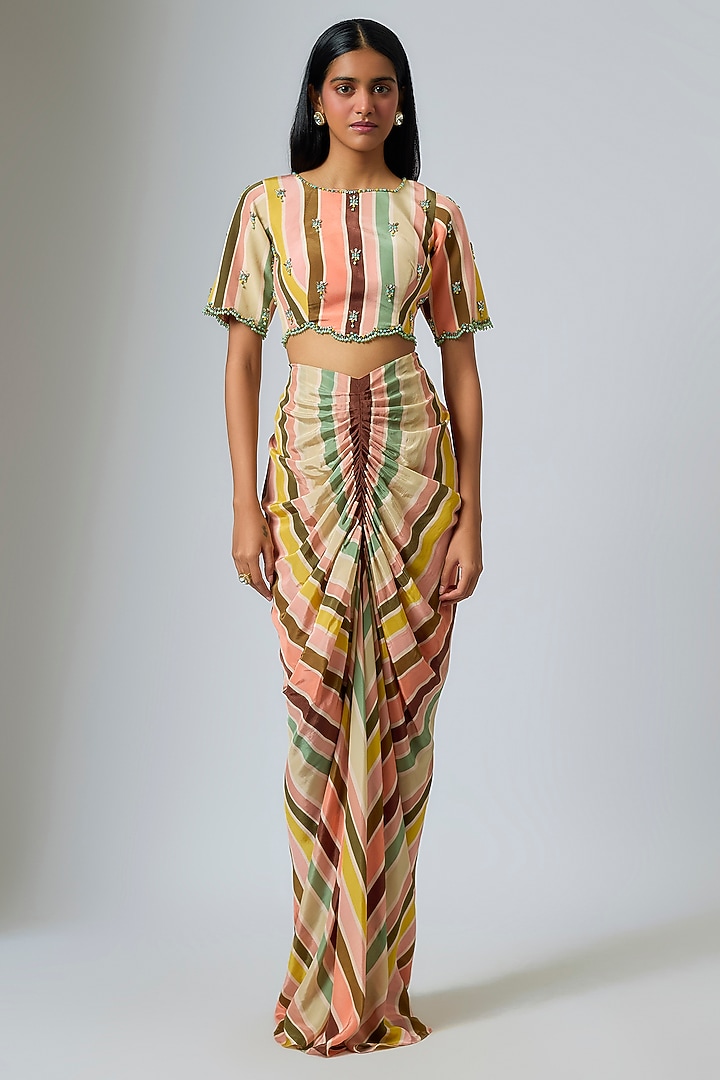 Multi-Colored Crepe Chevron Stripe Printed Draped Skirt Set by Rajat Tangri at Pernia's Pop Up Shop