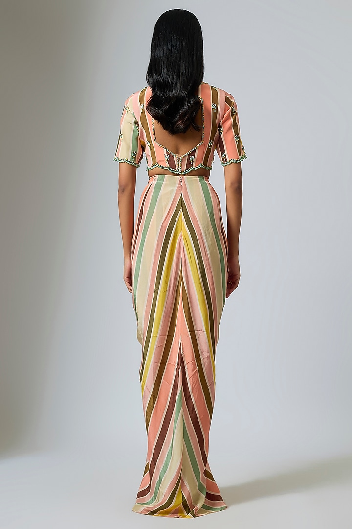 Multi-Colored Crepe Chevron Stripe Printed Draped Skirt Set by Rajat Tangri at Pernia's Pop Up Shop