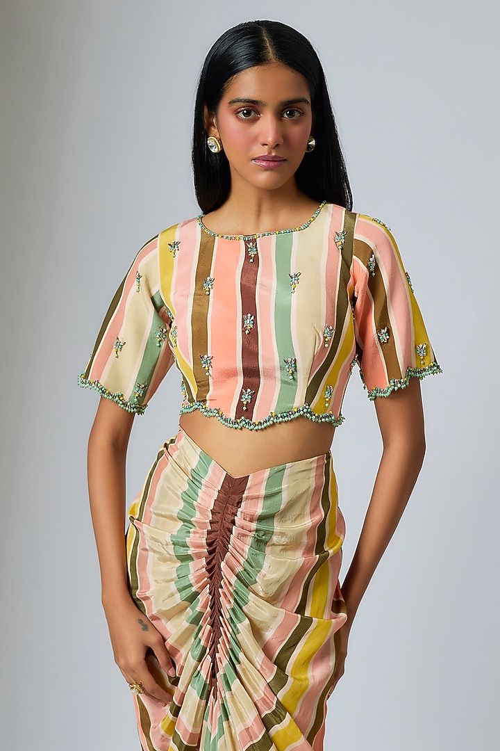 Multi-Colored Crepe Chevron Stripe Printed Draped Skirt Set by Rajat Tangri at Pernia's Pop Up Shop