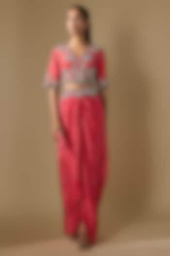 Coral Crepe Embroidered Draped Skirt Set by Rajat tangri at Pernia's Pop Up Shop