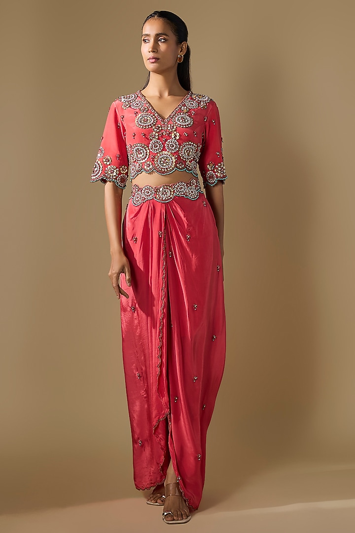 Coral Crepe Embroidered Draped Skirt Set by Rajat tangri at Pernia's Pop Up Shop
