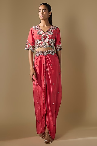 Coral Crepe Embroidered Draped Skirt Set by Rajat tangri