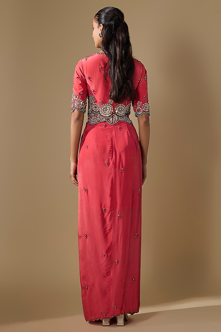 Coral Crepe Embroidered Draped Skirt Set by Rajat tangri at Pernia's Pop Up Shop