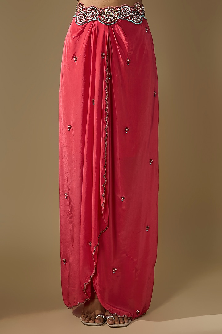 Coral Crepe Embroidered Draped Skirt Set by Rajat tangri at Pernia's Pop Up Shop