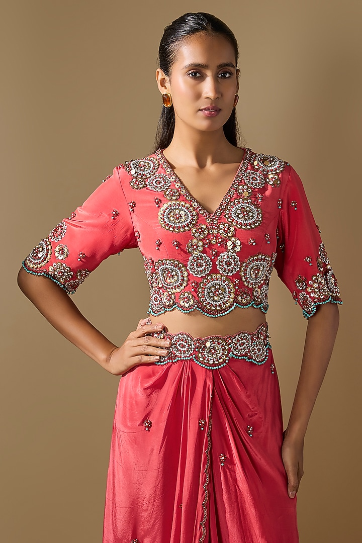Coral Crepe Embroidered Draped Skirt Set by Rajat tangri at Pernia's Pop Up Shop