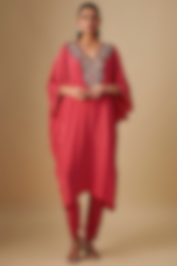 Coral Crepe Hand Embroidered Kaftan Set by Rajat Tangri at Pernia's Pop Up Shop