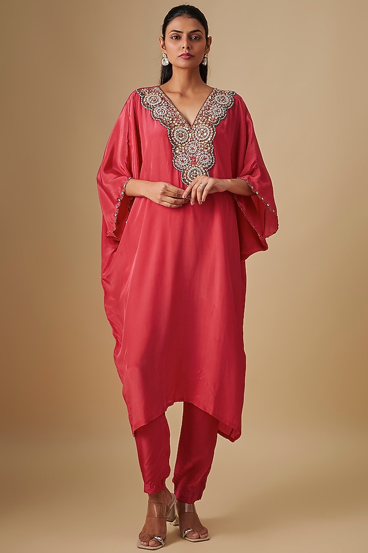 Coral Crepe Hand Embroidered Kaftan Set by Rajat Tangri at Pernia's Pop Up Shop