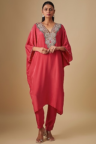 Coral Crepe Hand Embroidered Kaftan Set by Rajat Tangri