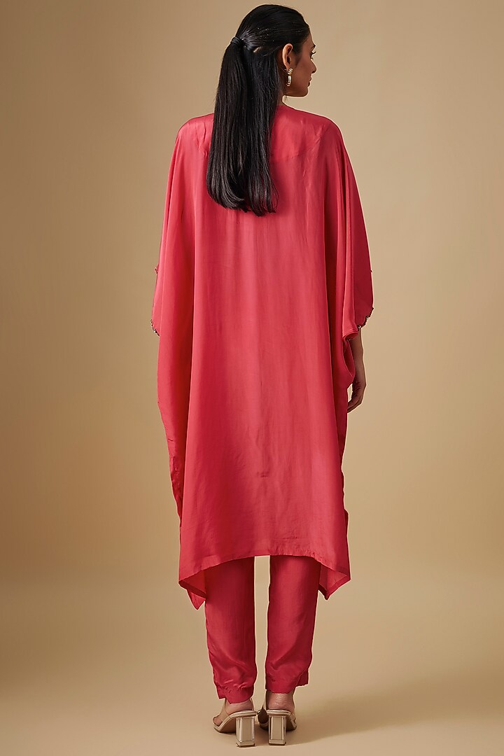 Coral Crepe Hand Embroidered Kaftan Set by Rajat Tangri at Pernia's Pop Up Shop