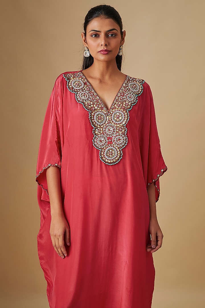 Coral Crepe Hand Embroidered Kaftan Set by Rajat Tangri at Pernia's Pop Up Shop
