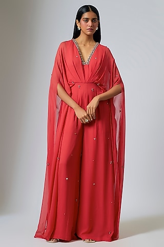 Coral Georgette Hand Embroidered Jumpsuit by Rajat Tangri