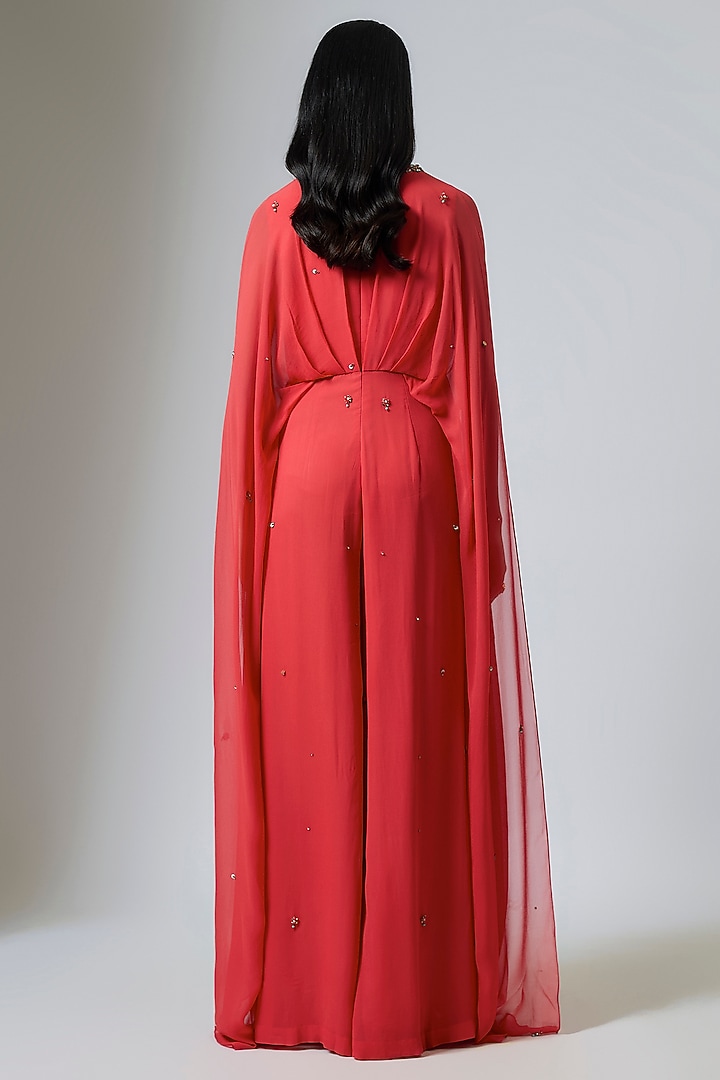 Coral Georgette Hand Embroidered Jumpsuit by Rajat Tangri at Pernia's Pop Up Shop