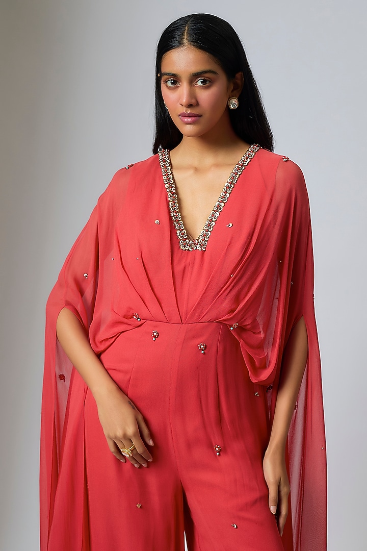 Coral Georgette Hand Embroidered Jumpsuit by Rajat Tangri at Pernia's Pop Up Shop