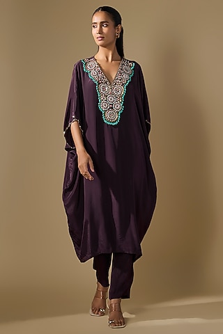Brown Crepe Embroidered Kaftan Kurta Set by Rajat tangri
