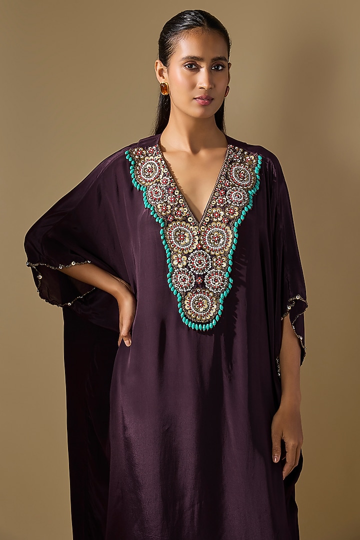 Brown Crepe Embroidered Kaftan Kurta Set by Rajat tangri at Pernia's Pop Up Shop